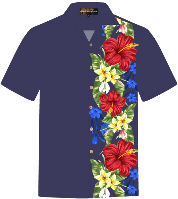 Kurzärmeliges Hemd mit Knopfleiste und großem Blumenmuster vorn auf dunkelblauem Stoff