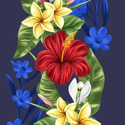 Nahaufnahme: Blumenmuster mit gelben Lilien, roten Blüten und blauen Blüten auf Hemd