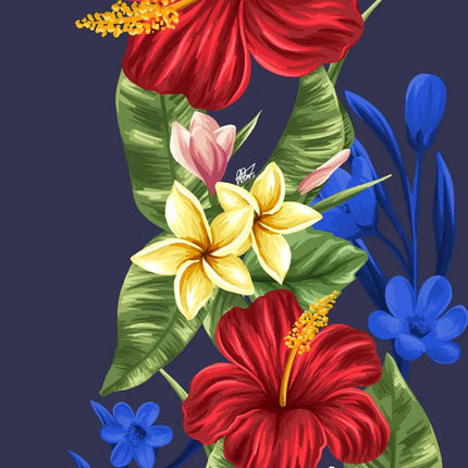 Nahaufnahme: Unteres Blumenmotiv mit roten Blüten und gelben Lilien auf Hemd