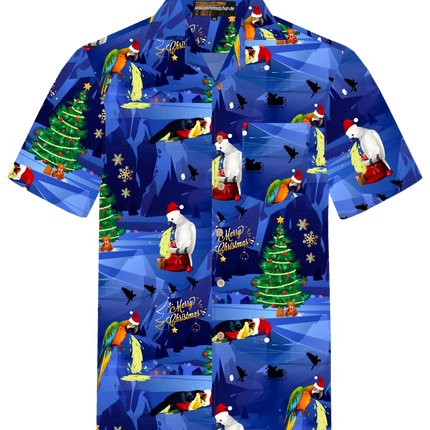 Camicia a maniche corte blu con motivo natalizio: pappagalli, abete e decorazioni