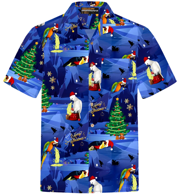 Kurzarmhemd blau mit Weihnachtsmotiv: Papageien, Tanne und Deko-Elemente