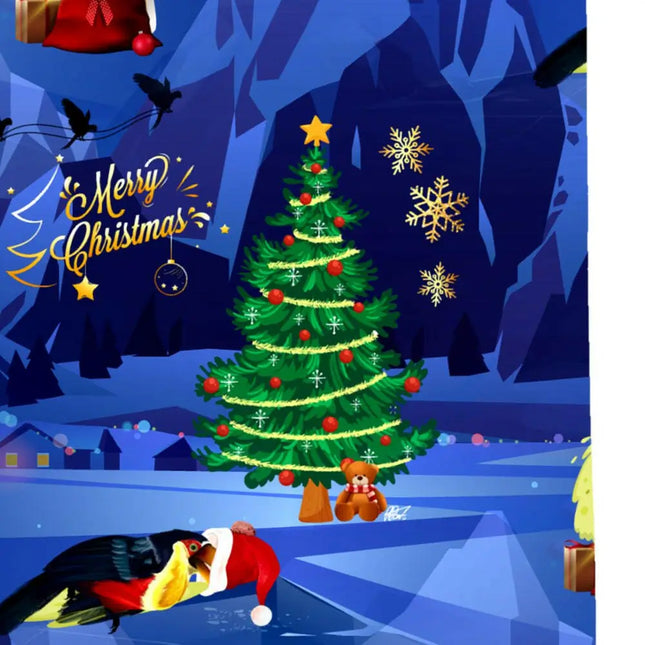 Nahansicht: Weihnachtsbaum mit „Merry Christmas“-Schrift und Papageien-Print auf Blau