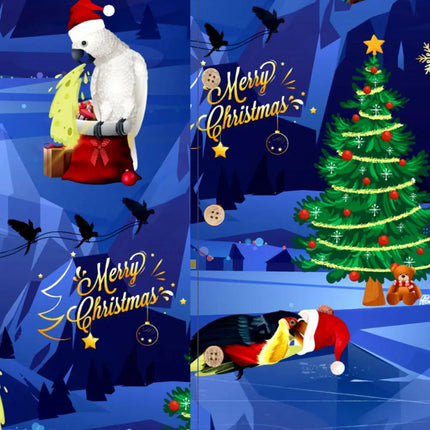 Dettaglio ravvicinato: pappagallo bianco e motivo dell’albero di Natale con scritta «Merry Christmas»