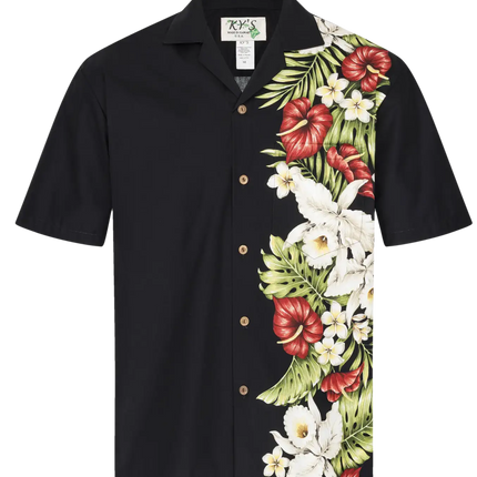 Schwarzes Kurzarm-Hemd mit tropischem Blumenprint auf der Vorderseite und Knöpfen