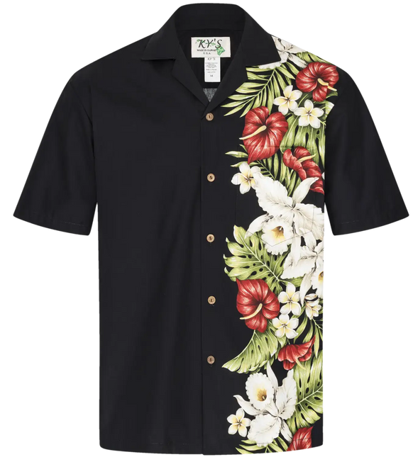 Schwarzes Kurzarm-Hemd mit tropischem Blumenprint auf der Vorderseite und Knöpfen