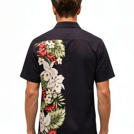 Schwarzes Kurzarm-Hemd mit Blumenprint auf dem Rücken und V-Ausschnitt
