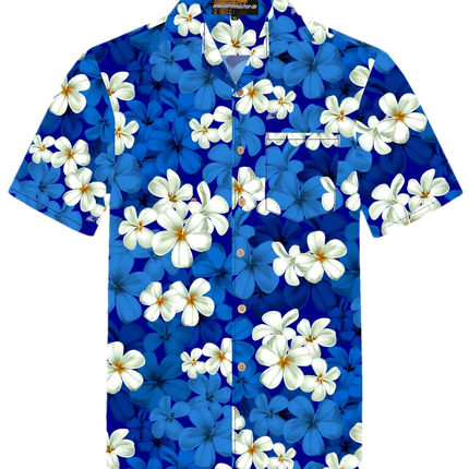 Kurzarm-Hemd in Blau mit weißen Blüten, Knopfleiste und Stehkragen