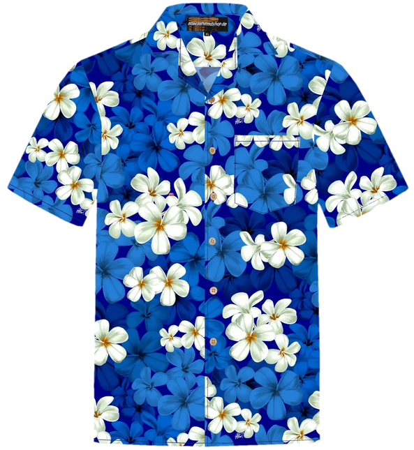 Kurzarm-Hemd in Blau mit weißen Blüten, Knopfleiste und Stehkragen