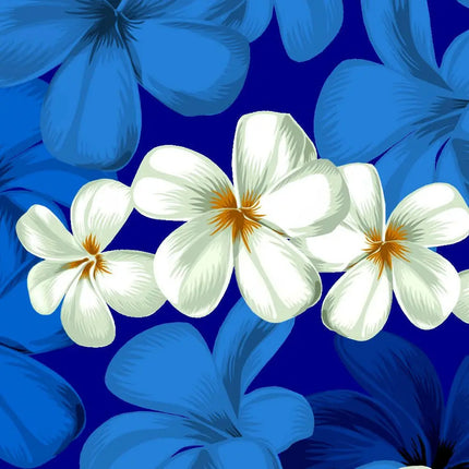 Stoffmuster: blaues Gewebe mit großen weißen Blüten