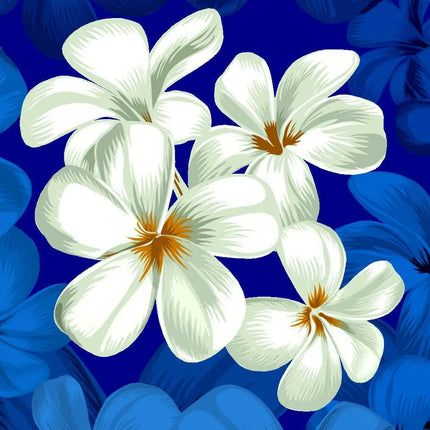 Stoffmuster: blaues Gewebe mit weißen Blüten mit gelben Blütenmitten