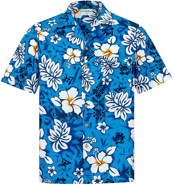 Kurzarmhemd mit blauem Blumenmuster, weiß-gelben Blüten und Knopfleiste vorne.