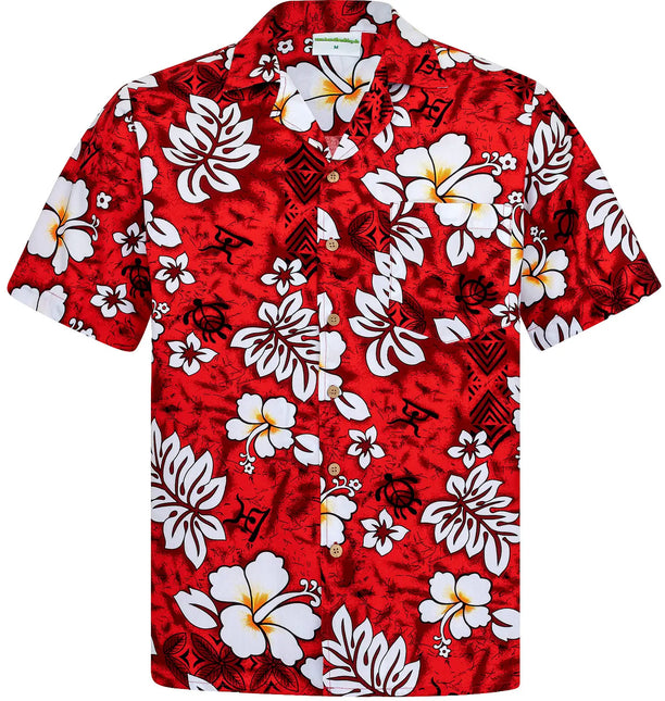 Rotes Kurzarm-Hemd mit weißem Blüten- und Ornamentmuster, Knöpfe vorne