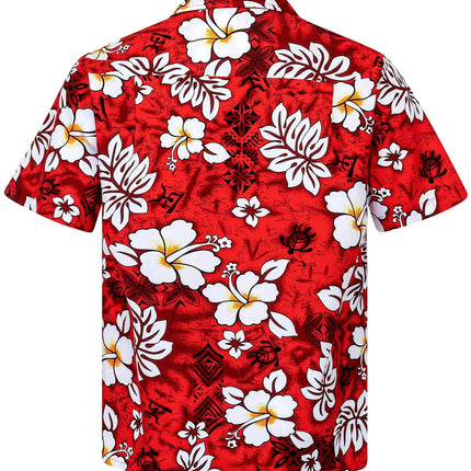 Rød hawaiiskjorte med hvide og gule blomster og mørke ornamenter, kortærmet
