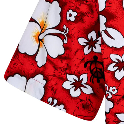 Rød hawaiiskjorte i nærbillede af stoffet med hvide blomster og sorte symboler