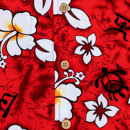 Rød skjorte med knapstolpe og blomsterprint, forfra