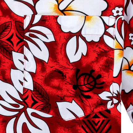 Rød skjorte med blomster-, blad- og ornamentprint, nærbillede