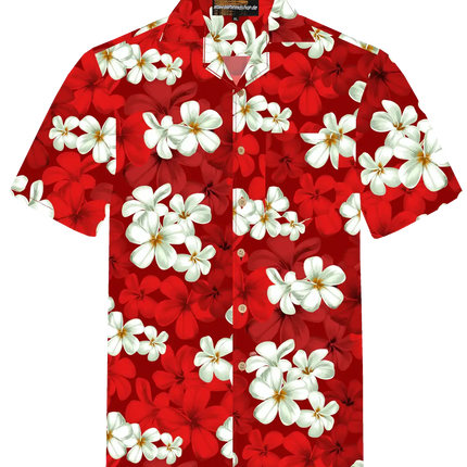 Kurzarmhemd rot mit weißen Blumenmuster, Knopfleiste, Reverskragen