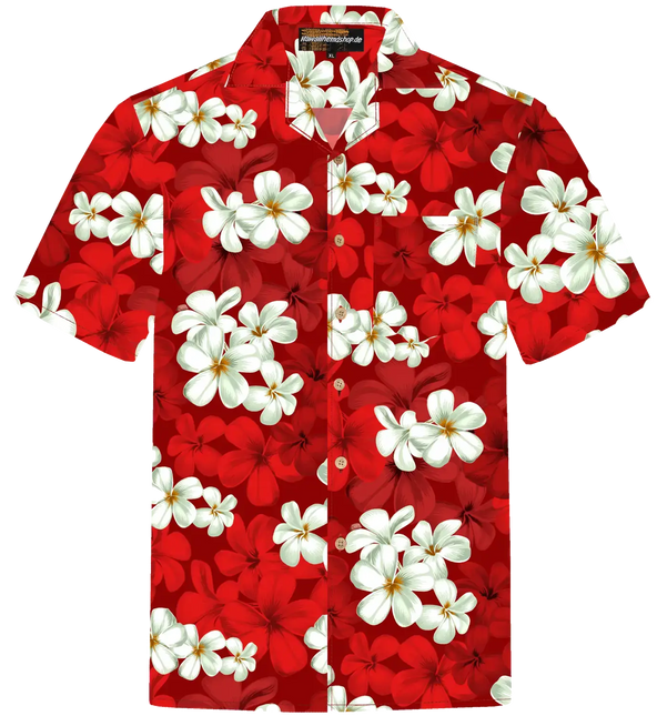 Kurzarmhemd rot mit weißen Blumenmuster, Knopfleiste, Reverskragen