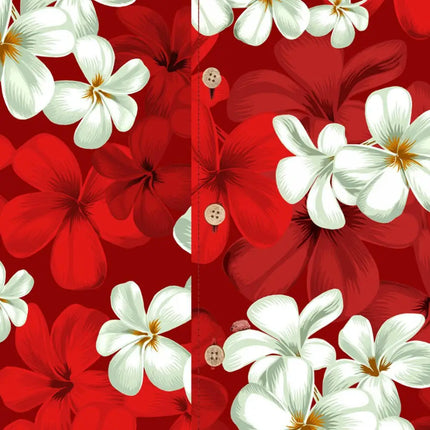 Kurzarmhemd rot mit weißen Blumen, Knopfleiste und Knöpfen mittig