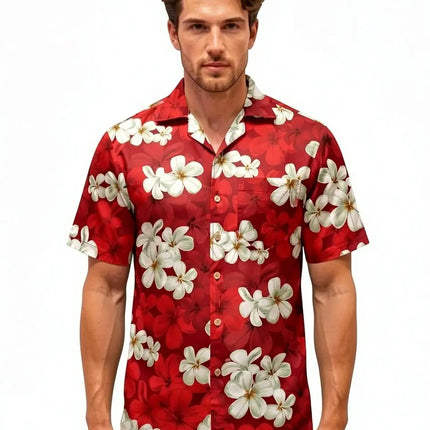 Kurzarmhemd am Model, rotes Blumenmuster mit weißen Blüten, kurze Ärmel