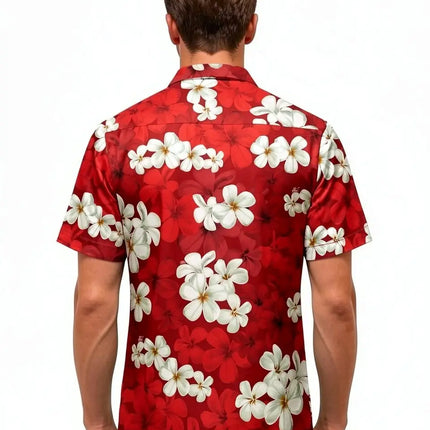 Kurzarmhemd am Model, Rückansicht mit rotem Blumenmuster und weißen Blüten