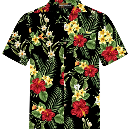 Hawaiihemd kurzarm für Herren mit buntem Blumen- und Blattmuster auf dunklem Grund