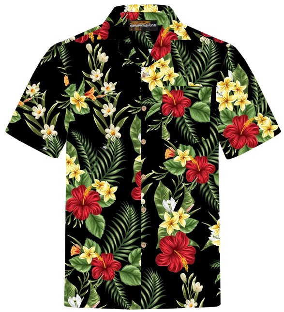 Hawaiihemd kurzarm für Herren mit buntem Blumen- und Blattmuster auf dunklem Grund