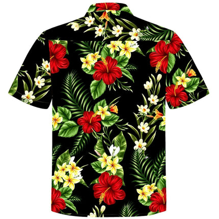 Hawaiihemd kurzarm mit Stehkragen und Knopfleiste, buntem Blüten- und Palmenblattdruck
