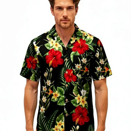 Kurzarm-Hawaiihemd mit tropischem Blumenprint, Knopfleiste und V-Ausschnitt