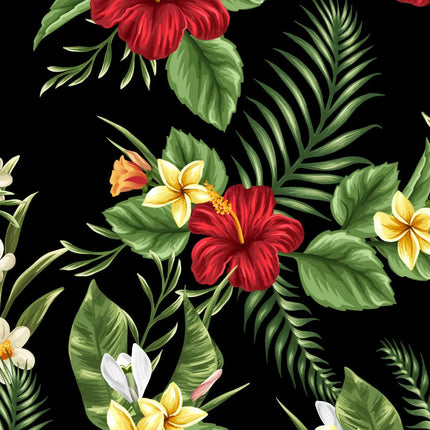Nahaufnahme: bunte Hibiskusblüten, Orchideen und grüne Blätter auf dunklem Hintergrund