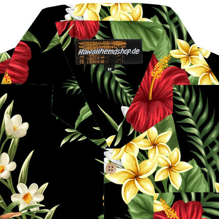 Hawaiihemd kurzarm mit breitem Kragen, buntem Hibiskus- und Blattmuster auf dunklem Grund