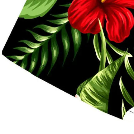 Hawaiihemd-Saum mit kurzem Ärmel, buntem Blüten- und Blattmuster auf dunklem Grund