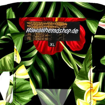 Hawaiihemd mit tropischem Pflanzen- und Blumenprint, Größenetikett XL