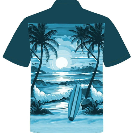 Camicia a maniche corte con abbottonatura e stampa di paesaggio marino tropicale su fondo blu petrolio scuro