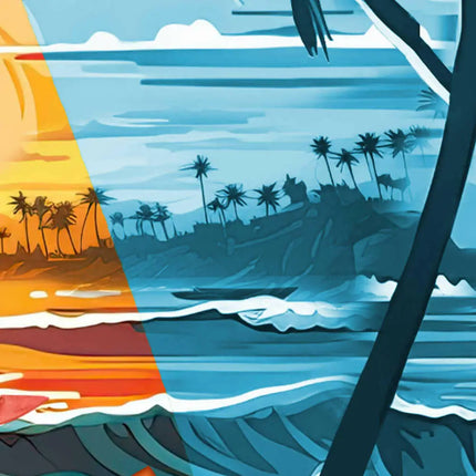 Primo piano: stampa di onde marine e palme nei toni del blu e dell’arancione