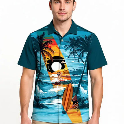 Camicia a maniche corte con abbottonatura e stampa tropicale da spiaggia sul davanti, su fondo blu petrolio scuro