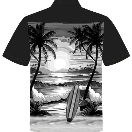 Kurzarmhemd Rückansicht mit Palmen- und Strandmotiv in Schwarz-Weiß