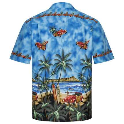 Rückansicht Herrenhemd mit blauem Tropenprint, Palmen und Surfbrettern im Strandmotiv.