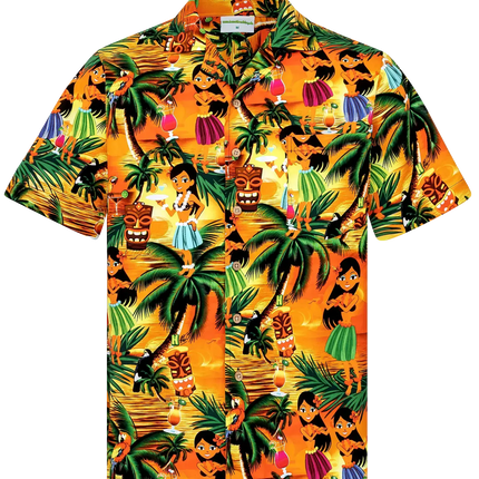 Camisa de manga corta con estampado hawaiano, motivo naranja y verde y botones delanteros abiertos