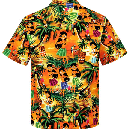 Camisa de manga corta con estampado hawaiano y colorido motivo selvático en la espalda