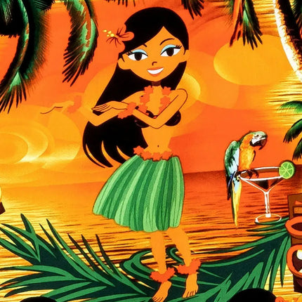 Camisa de manga corta con estampado hawaiano: mujer con falda verde y palmeras en la playa