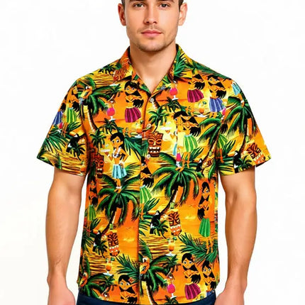 Camisa de manga corta con estampado hawaiano en un modelo, motivo integral naranja y verde