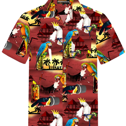 Kurzarmhemd mit farbigem Papageien- und Cocktailmotiv, rot-gelber Tropenprint