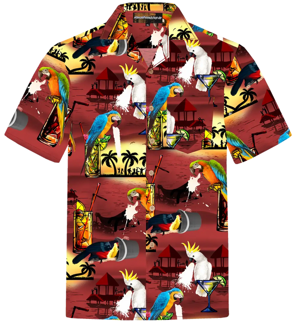 Kurzarmhemd mit farbigem Papageien- und Cocktailmotiv, rot-gelber Tropenprint
