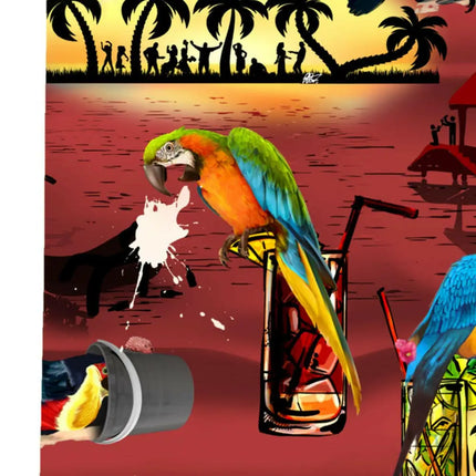 Detail des Kurzarmhemds: grüner Ara mit Cocktailglas und Bar-Elementen im Print