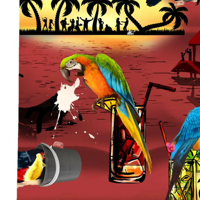 Detail des Kurzarmhemds: grüner Ara mit Cocktailglas und Bar-Elementen im Print
