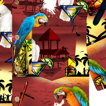 Detail des Kurzarmhemds: Kakadu und blauer Papagei am Cocktail- und Flaschenmotiv
