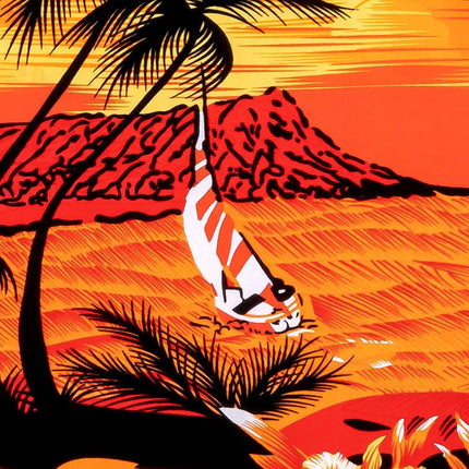 Detail vom tropischen Hemdprint mit Palmen, Dünen und Segelboot, Orange-Rot
