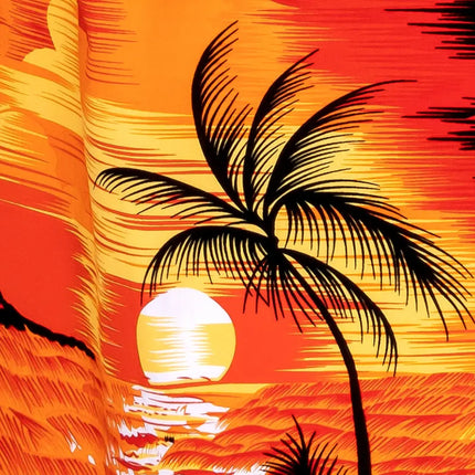Hemdprint-Detail mit weißer Sonne, Palmen und Wellen, in Gelb und Rot