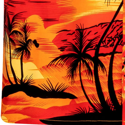 Hemdsaum mit tropischem Print, orangefarbener Hintergrund, dunkle Palmen-Silhouetten